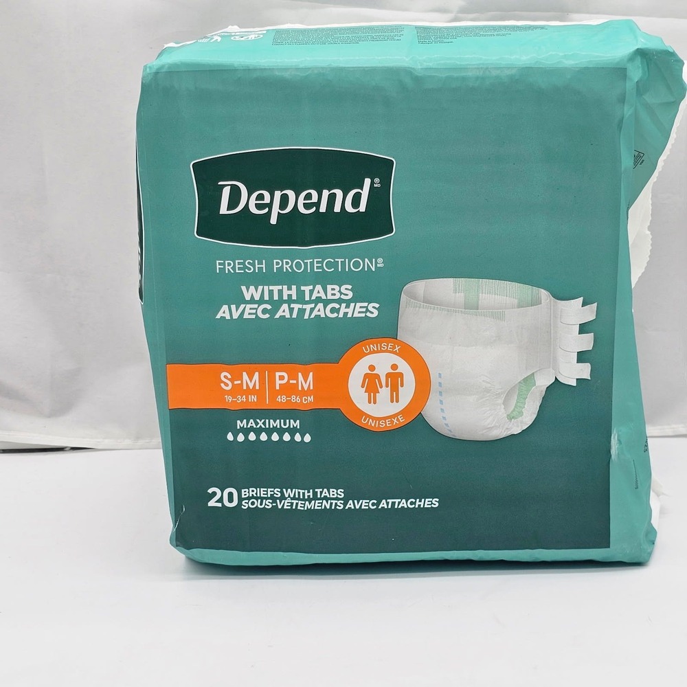 Depend Fresh Protection Briefs Unisex S/M White New Maximum Absorbency Tabs 20ct